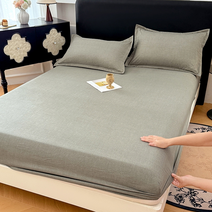 91家纺网 家纺一手货源 找家纺 梦舒羽 2025新款原麻床笠机洗家用防滑透气四季款床罩床垫床单保护套 云杉绿