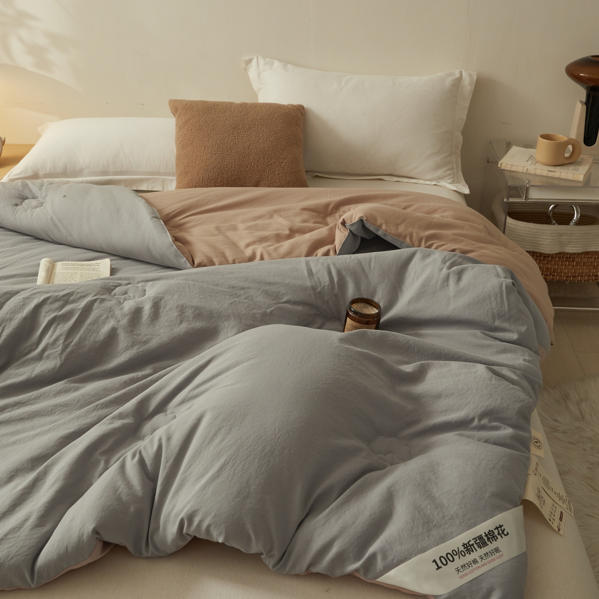 91家纺网 家纺一手货源 找家纺 样样红被业 2025新款A类50%棉花被夏被春秋被冬被四季被子被芯 灰+驼