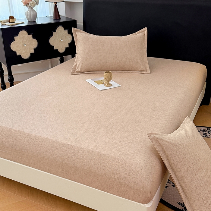 91家纺网 家纺一手货源 找家纺 梦舒羽 2025新款原麻床笠机洗家用防滑透气四季款床罩床垫床单保护套 暖卡其