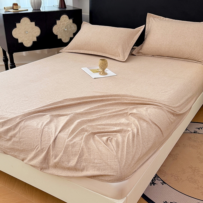 91家纺网 家纺一手货源 找家纺 梦舒羽 2025新款原麻床笠机洗家用防滑透气四季款床罩床垫床单保护套 暖卡其