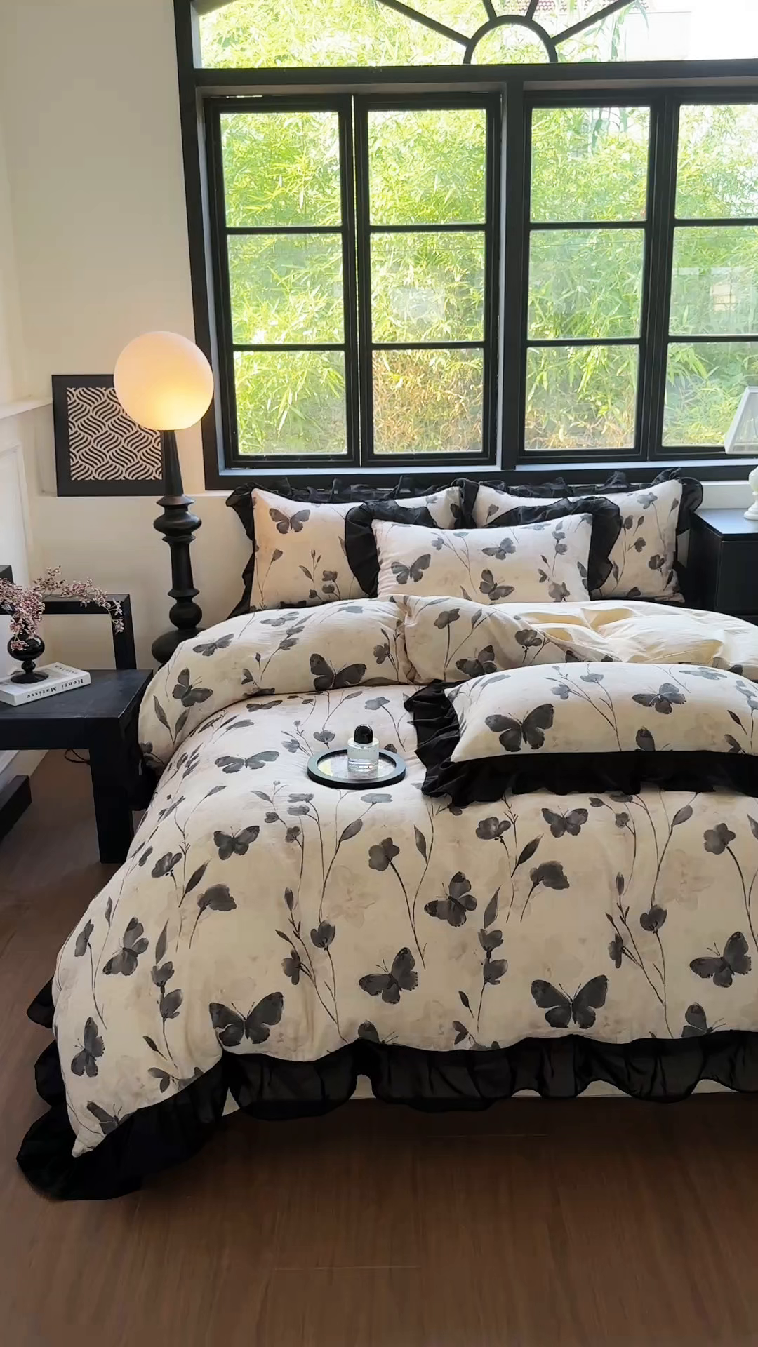 91家纺网 家纺一手货源 找家纺 （总）宅家居 2025新款A类轻法式复古赫本风全棉纯棉有氧双层纱花边四件套黑色韩式花边三件套