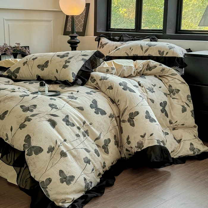 （总）宅家居 2025新款A类轻法式复古赫本风全棉纯棉有氧双层纱花边四件套黑色韩式花边三件套