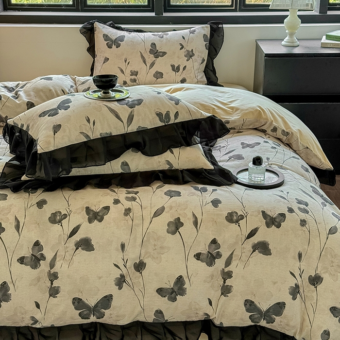 91家纺网 家纺一手货源 找家纺 （总）宅家居 2025新款A类轻法式复古赫本风全棉纯棉有氧双层纱花边四件套黑色韩式花边三件套