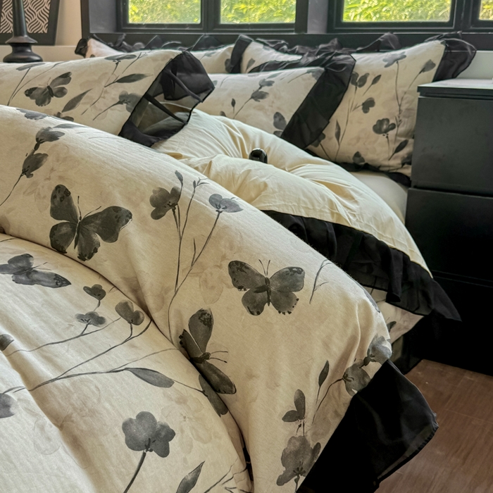 91家纺网 家纺一手货源 找家纺 （总）宅家居 2025新款A类轻法式复古赫本风全棉纯棉有氧双层纱花边四件套黑色韩式花边三件套