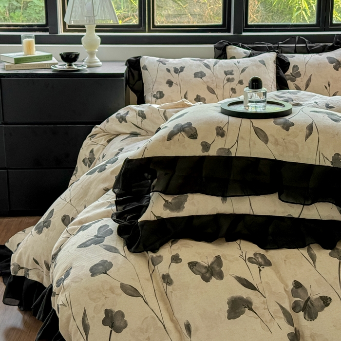 91家纺网 家纺一手货源 找家纺 （总）宅家居 2025新款A类轻法式复古赫本风全棉纯棉有氧双层纱花边四件套黑色韩式花边三件套