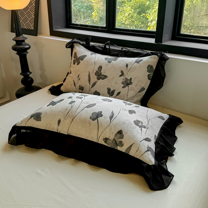 91家纺网 家纺一手货源 找家纺 （总）宅家居 2025新款A类轻法式复古赫本风全棉纯棉有氧双层纱花边四件套黑色韩式花边三件套