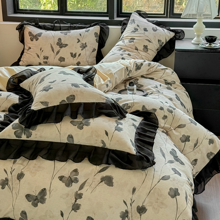 91家纺网 家纺一手货源 找家纺 （总）宅家居 2025新款A类轻法式复古赫本风全棉纯棉有氧双层纱花边四件套黑色韩式花边三件套