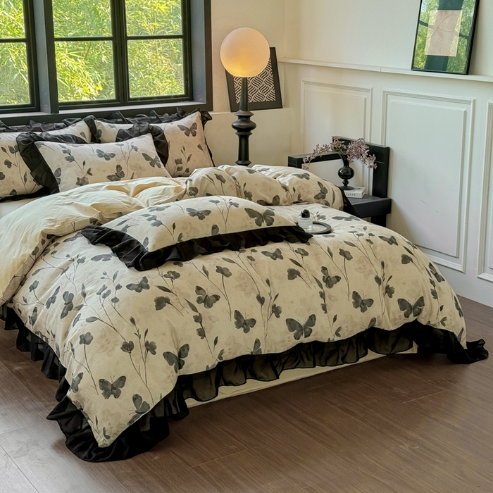 91家纺网 家纺一手货源 找家纺 （总）宅家居 2025新款A类轻法式复古赫本风全棉纯棉有氧双层纱花边四件套黑色韩式花边三件套