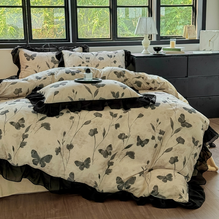 91家纺网 家纺一手货源 找家纺 （总）宅家居 2025新款A类轻法式复古赫本风全棉纯棉有氧双层纱花边四件套黑色韩式花边三件套