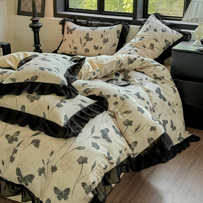 91家纺网 家纺一手货源 找家纺 （总）宅家居 2025新款A类轻法式复古赫本风全棉纯棉有氧双层纱花边四件套黑色韩式花边三件套