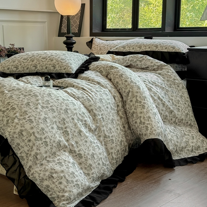 91家纺网 家纺一手货源 找家纺 （总）宅家居 2025新款A类轻法式复古赫本风全棉纯棉有氧双层纱花边四件套黑色韩式花边三件套