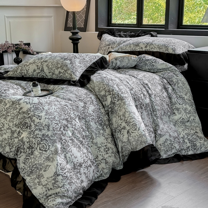 91家纺网 家纺一手货源 找家纺 （总）宅家居 2025新款A类轻法式复古赫本风全棉纯棉有氧双层纱花边四件套黑色韩式花边三件套