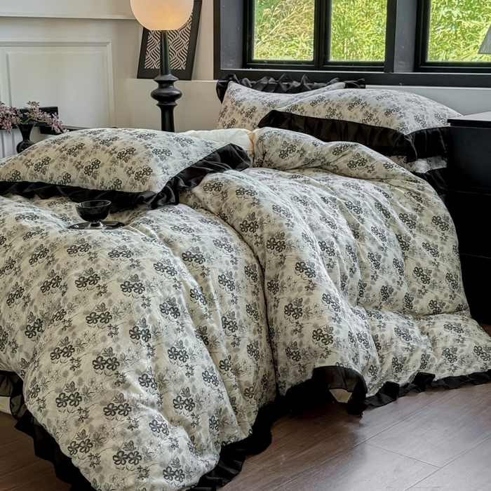 91家纺网 家纺一手货源 找家纺 （总）宅家居 2025新款A类轻法式复古赫本风全棉纯棉有氧双层纱花边四件套黑色韩式花边三件套