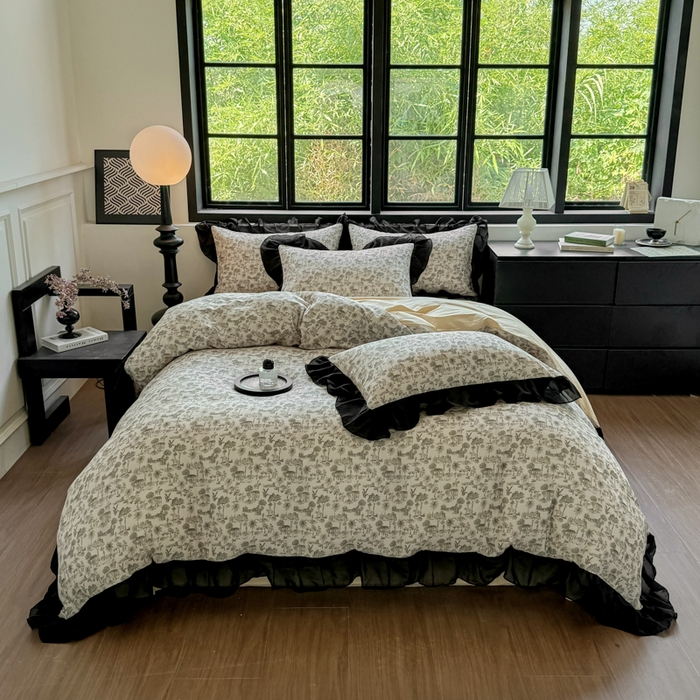 91家纺网 家纺一手货源 找家纺 宅家居 2025新款A类轻法式复古赫本风全棉纯棉有氧双层纱花边四件套黑色韩式花边三件套 伯爵