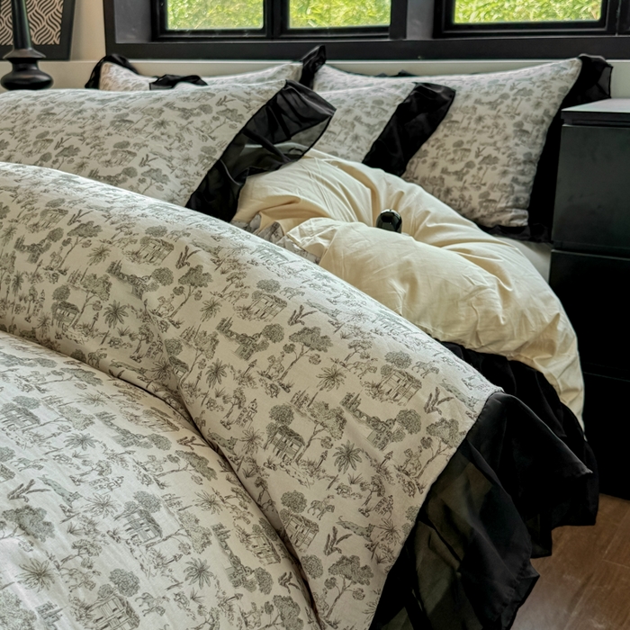 91家纺网 家纺一手货源 找家纺 宅家居 2025新款A类轻法式复古赫本风全棉纯棉有氧双层纱花边四件套黑色韩式花边三件套 伯爵