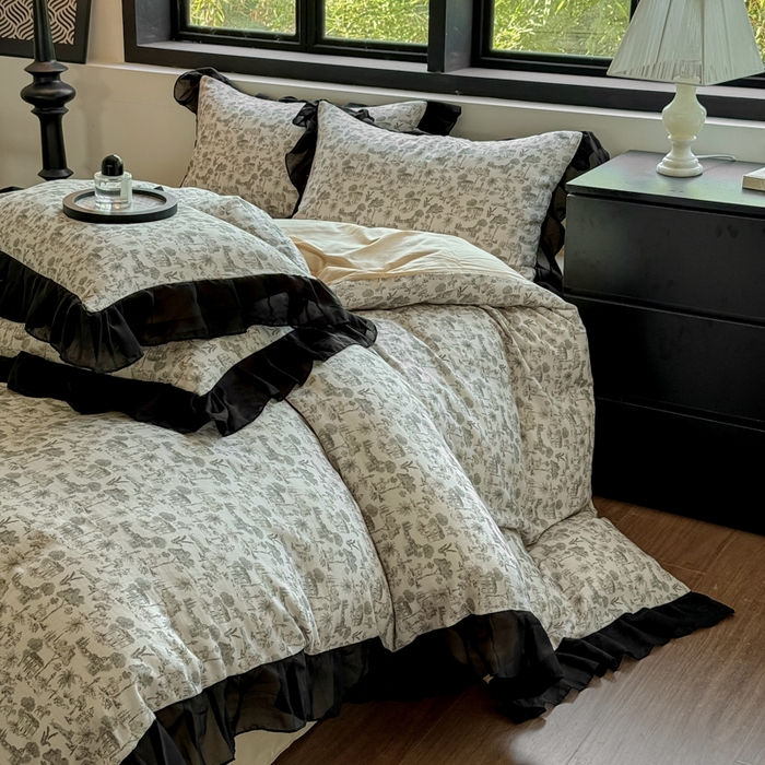 91家纺网 家纺一手货源 找家纺 宅家居 2025新款A类轻法式复古赫本风全棉纯棉有氧双层纱花边四件套黑色韩式花边三件套 伯爵