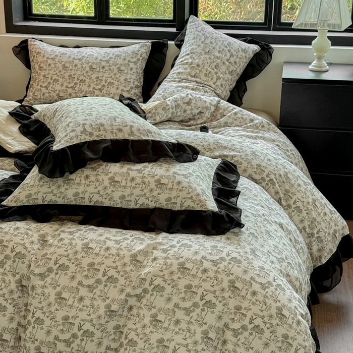 91家纺网 家纺一手货源 找家纺 宅家居 2025新款A类轻法式复古赫本风全棉纯棉有氧双层纱花边四件套黑色韩式花边三件套 伯爵