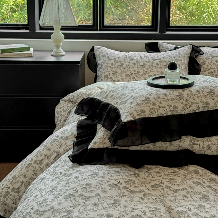 91家纺网 家纺一手货源 找家纺 宅家居 2025新款A类轻法式复古赫本风全棉纯棉有氧双层纱花边四件套黑色韩式花边三件套 伯爵