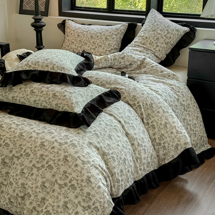 91家纺网 家纺一手货源 找家纺 宅家居 2025新款A类轻法式复古赫本风全棉纯棉有氧双层纱花边四件套黑色韩式花边三件套 伯爵