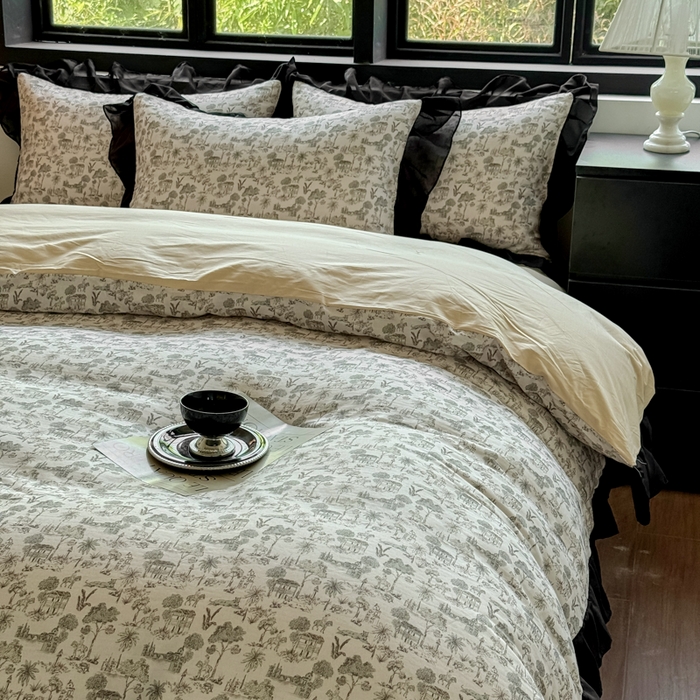 91家纺网 家纺一手货源 找家纺 宅家居 2025新款A类轻法式复古赫本风全棉纯棉有氧双层纱花边四件套黑色韩式花边三件套 伯爵