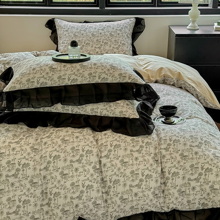 91家纺网 家纺一手货源 找家纺 宅家居 2025新款A类轻法式复古赫本风全棉纯棉有氧双层纱花边四件套黑色韩式花边三件套 伯爵