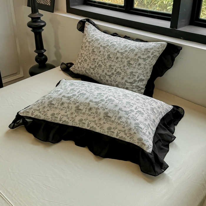 91家纺网 家纺一手货源 找家纺 宅家居 2025新款A类轻法式复古赫本风全棉纯棉有氧双层纱花边四件套黑色韩式花边三件套 伯爵