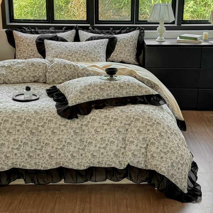 91家纺网 家纺一手货源 找家纺 宅家居 2025新款A类轻法式复古赫本风全棉纯棉有氧双层纱花边四件套黑色韩式花边三件套 伯爵