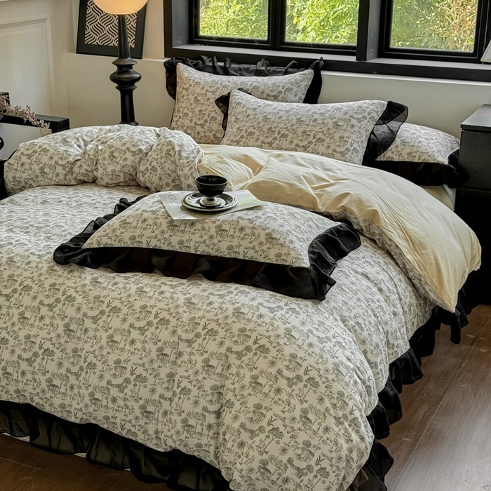 91家纺网 家纺一手货源 找家纺 宅家居 2025新款A类轻法式复古赫本风全棉纯棉有氧双层纱花边四件套黑色韩式花边三件套 伯爵