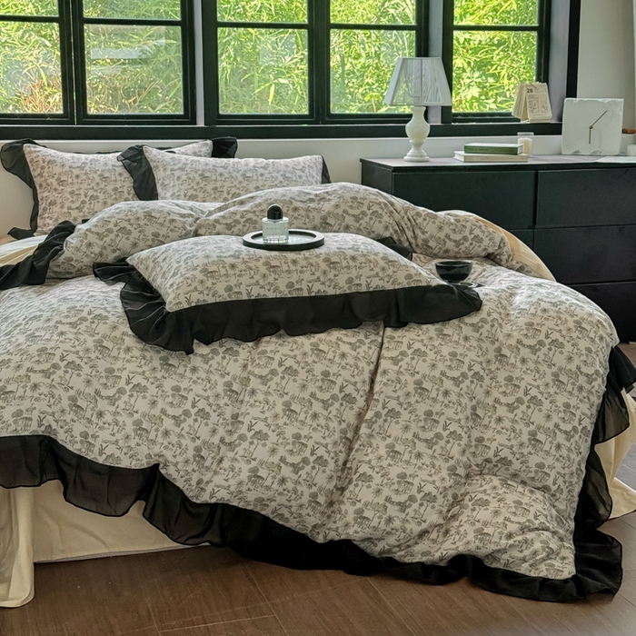 91家纺网 家纺一手货源 找家纺 宅家居 2025新款A类轻法式复古赫本风全棉纯棉有氧双层纱花边四件套黑色韩式花边三件套 伯爵