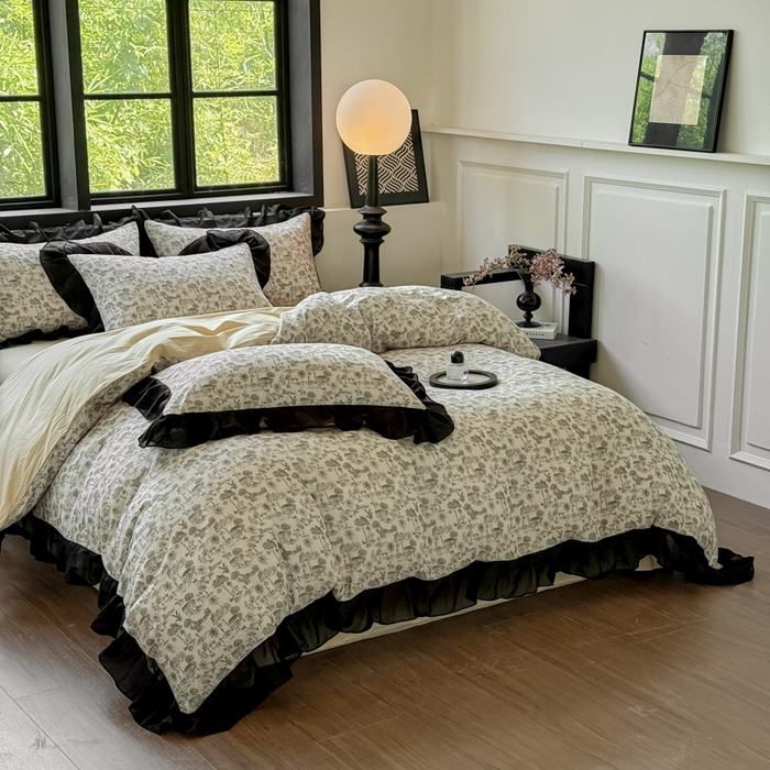 91家纺网 家纺一手货源 找家纺 宅家居 2025新款A类轻法式复古赫本风全棉纯棉有氧双层纱花边四件套黑色韩式花边三件套 伯爵