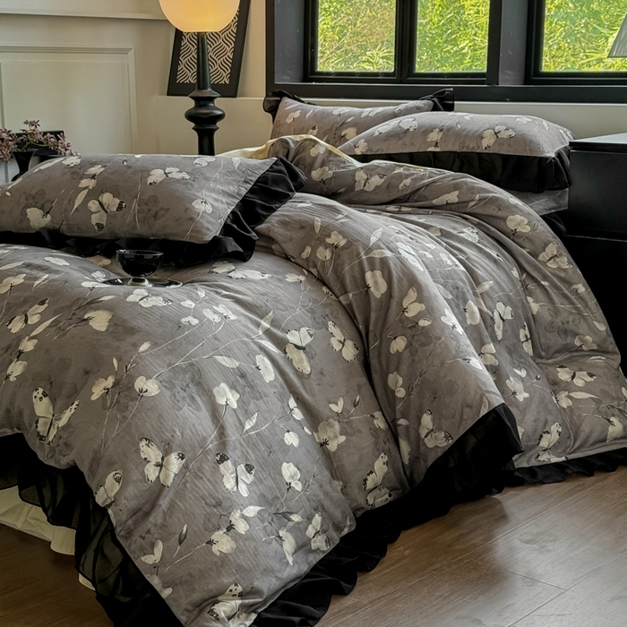 宅家居 2025新款A类轻法式复古赫本风全棉纯棉有氧双层纱花边四件套黑色韩式花边三件套 蝶梦-深咖