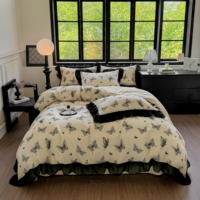 91家纺网 家纺一手货源 找家纺 宅家居 2025新款A类轻法式复古赫本风全棉纯棉有氧双层纱花边四件套黑色韩式花边三件套 蝶影