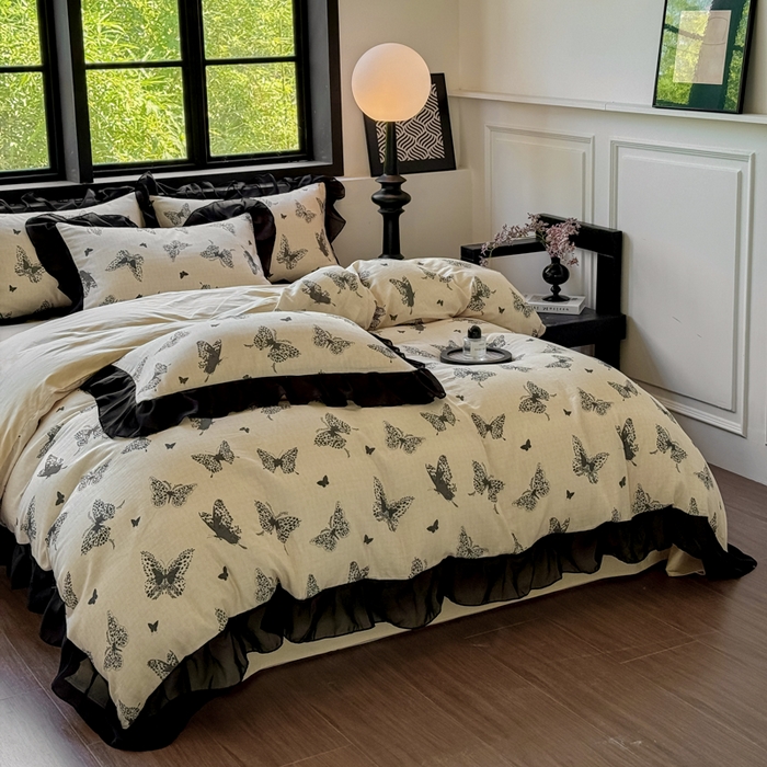 91家纺网 家纺一手货源 找家纺 宅家居 2025新款A类轻法式复古赫本风全棉纯棉有氧双层纱花边四件套黑色韩式花边三件套 蝶影