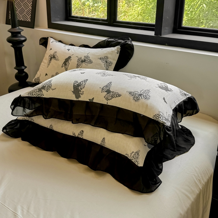 91家纺网 家纺一手货源 找家纺 宅家居 2025新款A类轻法式复古赫本风全棉纯棉有氧双层纱花边四件套黑色韩式花边三件套 蝶影