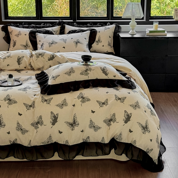 91家纺网 家纺一手货源 找家纺 宅家居 2025新款A类轻法式复古赫本风全棉纯棉有氧双层纱花边四件套黑色韩式花边三件套 蝶影