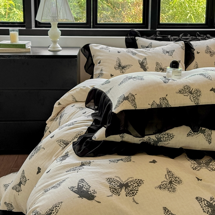 91家纺网 家纺一手货源 找家纺 宅家居 2025新款A类轻法式复古赫本风全棉纯棉有氧双层纱花边四件套黑色韩式花边三件套 蝶影