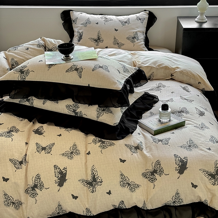 91家纺网 家纺一手货源 找家纺 宅家居 2025新款A类轻法式复古赫本风全棉纯棉有氧双层纱花边四件套黑色韩式花边三件套 蝶影