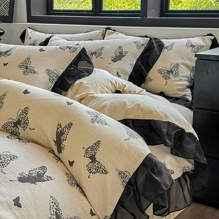 91家纺网 家纺一手货源 找家纺 宅家居 2025新款A类轻法式复古赫本风全棉纯棉有氧双层纱花边四件套黑色韩式花边三件套 蝶影