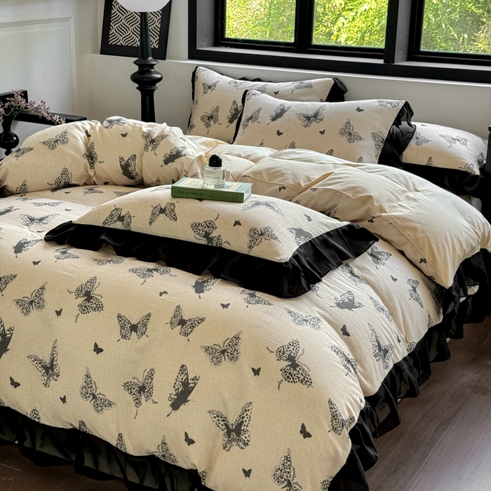 91家纺网 家纺一手货源 找家纺 宅家居 2025新款A类轻法式复古赫本风全棉纯棉有氧双层纱花边四件套黑色韩式花边三件套 蝶影