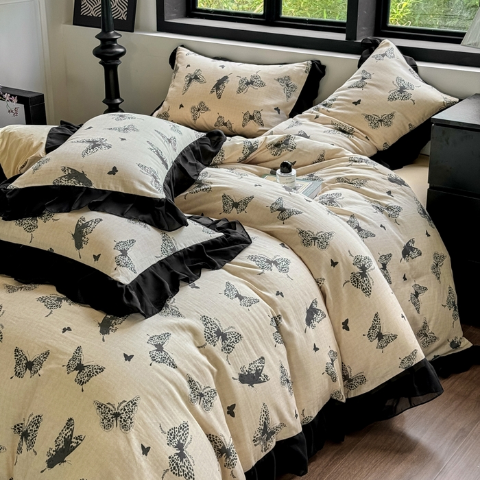 91家纺网 家纺一手货源 找家纺 宅家居 2025新款A类轻法式复古赫本风全棉纯棉有氧双层纱花边四件套黑色韩式花边三件套 蝶影