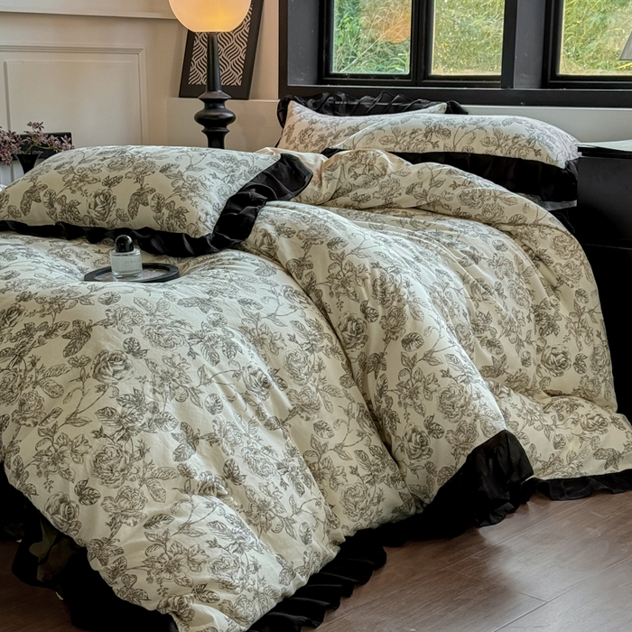 宅家居 2025新款A类轻法式复古赫本风全棉纯棉有氧双层纱花边四件套黑色韩式花边三件套 东篱