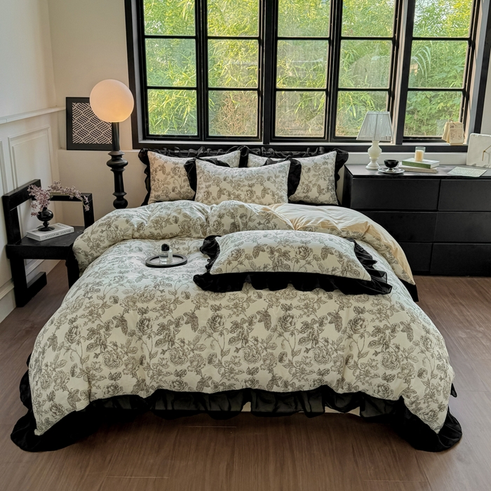 91家纺网 家纺一手货源 找家纺 宅家居 2025新款A类轻法式复古赫本风全棉纯棉有氧双层纱花边四件套黑色韩式花边三件套 东篱