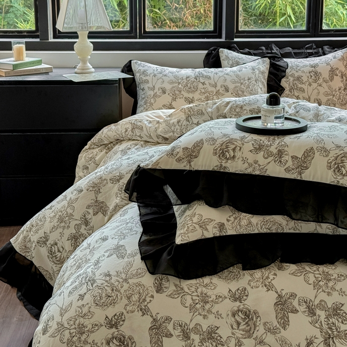 91家纺网 家纺一手货源 找家纺 宅家居 2025新款A类轻法式复古赫本风全棉纯棉有氧双层纱花边四件套黑色韩式花边三件套 东篱