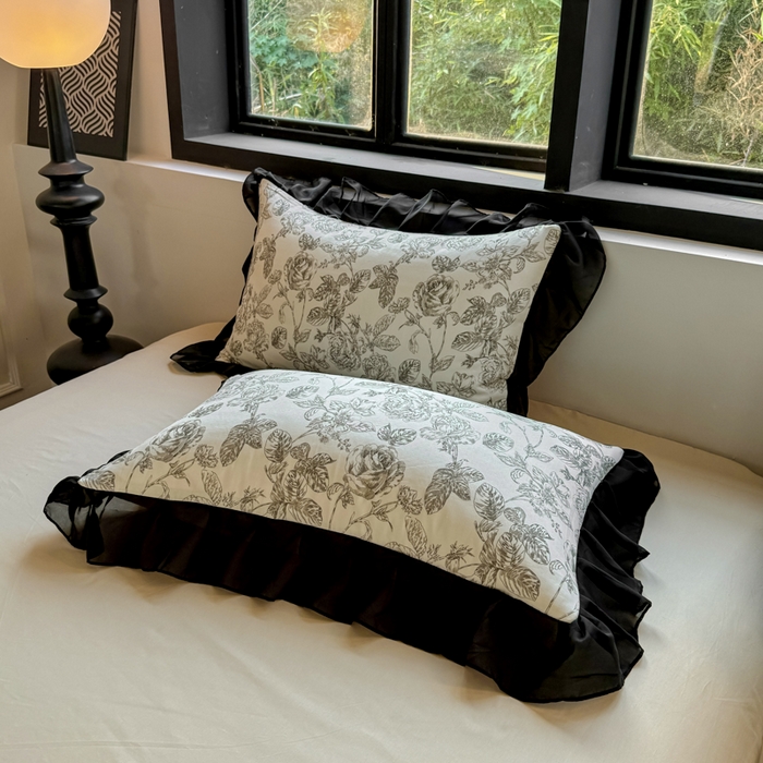 91家纺网 家纺一手货源 找家纺 宅家居 2025新款A类轻法式复古赫本风全棉纯棉有氧双层纱花边四件套黑色韩式花边三件套 东篱