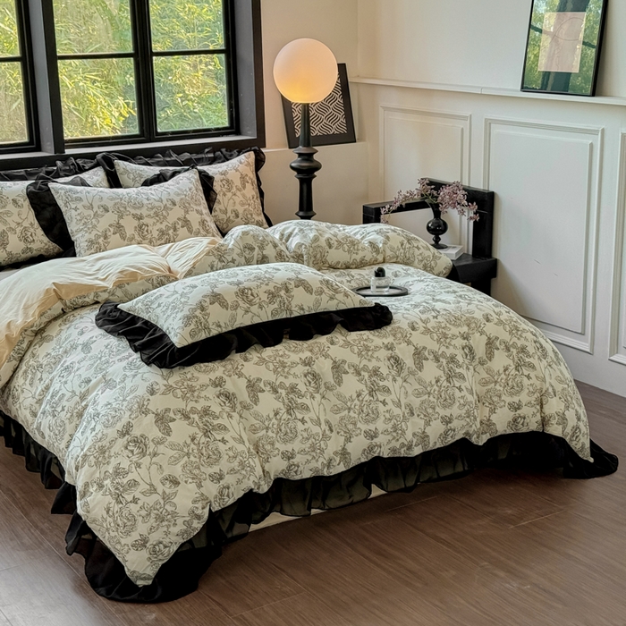 91家纺网 家纺一手货源 找家纺 宅家居 2025新款A类轻法式复古赫本风全棉纯棉有氧双层纱花边四件套黑色韩式花边三件套 东篱