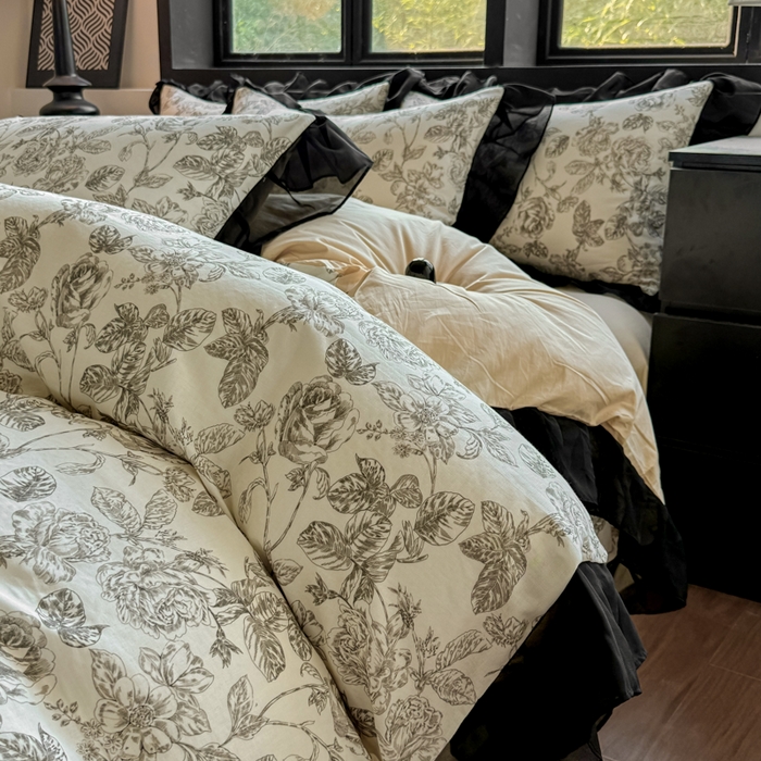 91家纺网 家纺一手货源 找家纺 宅家居 2025新款A类轻法式复古赫本风全棉纯棉有氧双层纱花边四件套黑色韩式花边三件套 东篱