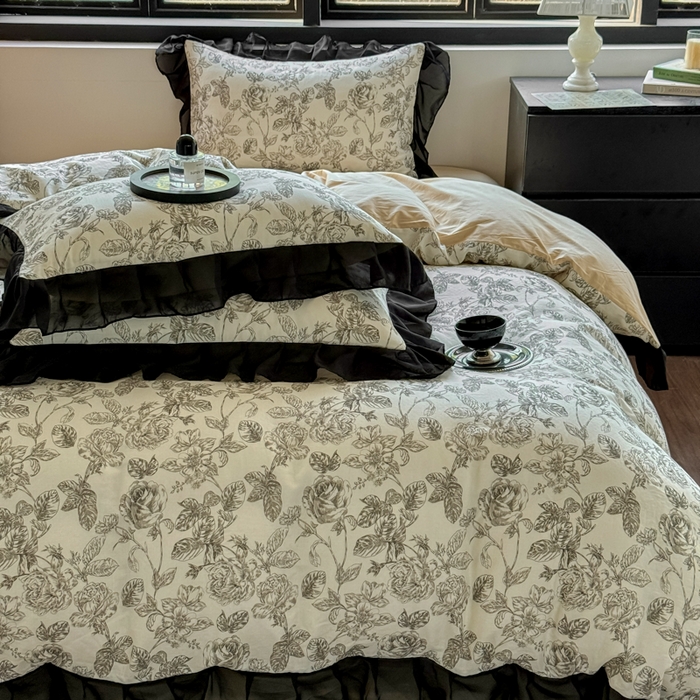 91家纺网 家纺一手货源 找家纺 宅家居 2025新款A类轻法式复古赫本风全棉纯棉有氧双层纱花边四件套黑色韩式花边三件套 东篱