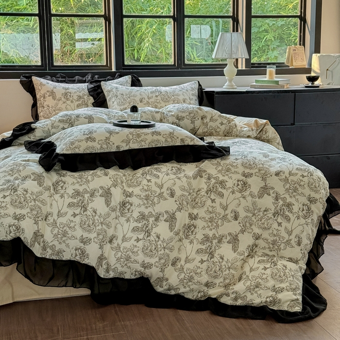 91家纺网 家纺一手货源 找家纺 宅家居 2025新款A类轻法式复古赫本风全棉纯棉有氧双层纱花边四件套黑色韩式花边三件套 东篱