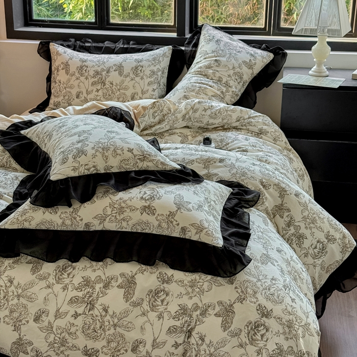 91家纺网 家纺一手货源 找家纺 宅家居 2025新款A类轻法式复古赫本风全棉纯棉有氧双层纱花边四件套黑色韩式花边三件套 东篱