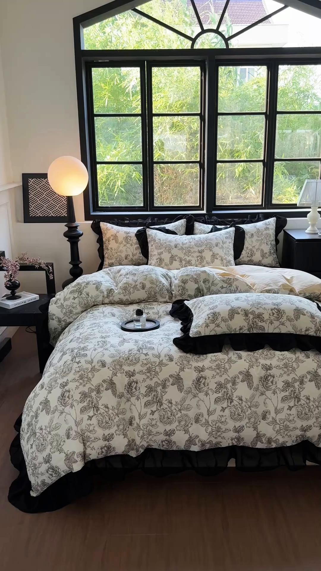 91家纺网 家纺一手货源 找家纺 宅家居 2025新款A类轻法式复古赫本风全棉纯棉有氧双层纱花边四件套黑色韩式花边三件套 东篱